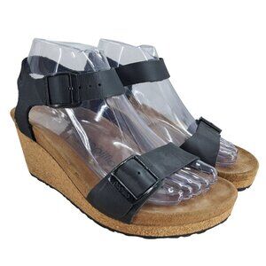 Papillio Birkenstock Soley Wedge Black Leather Sandals Size 37 US 6-6.5 Comfort